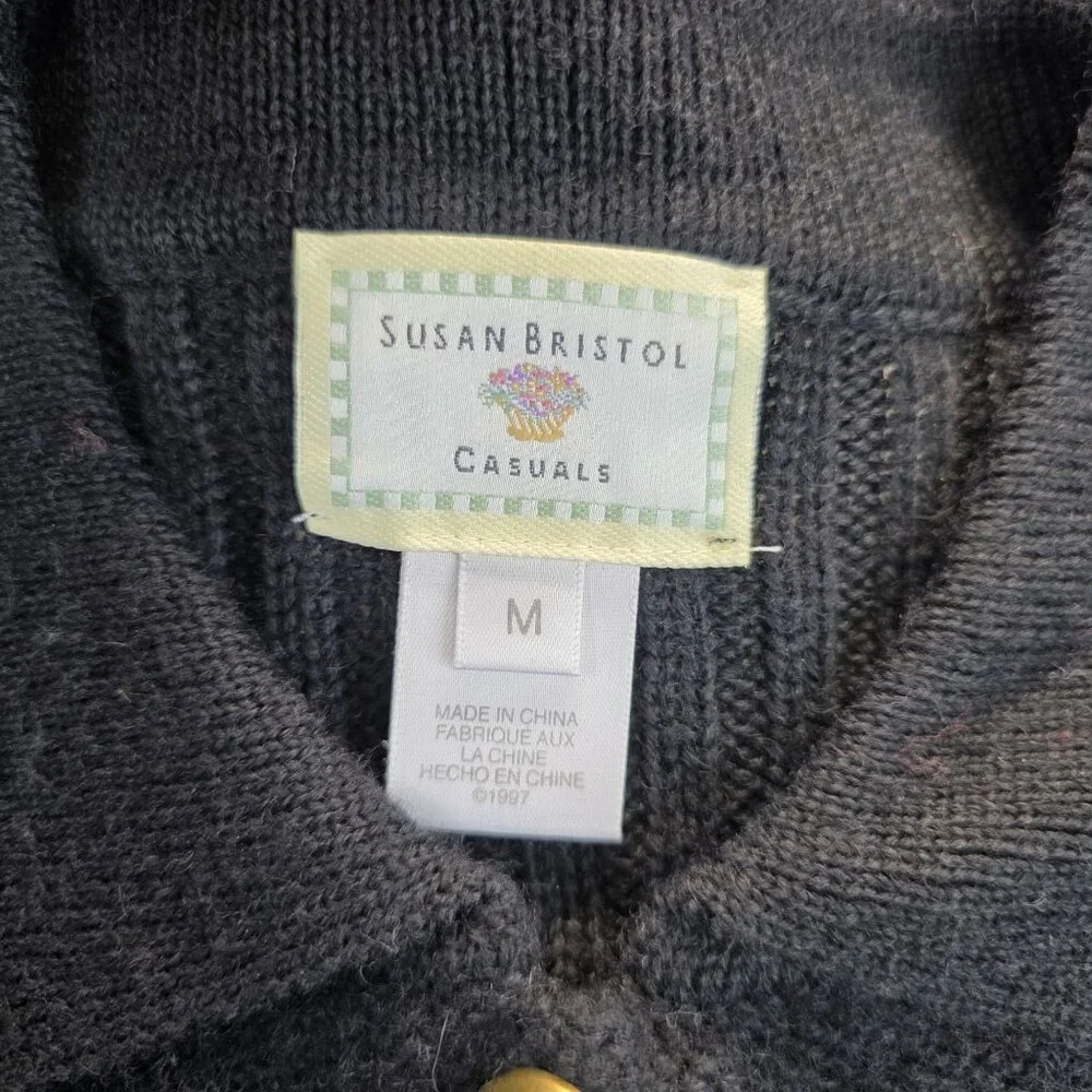 Vintage Susan Bristol Geometric Wool Cardigan Sweater Size M Black Quiet Luxury